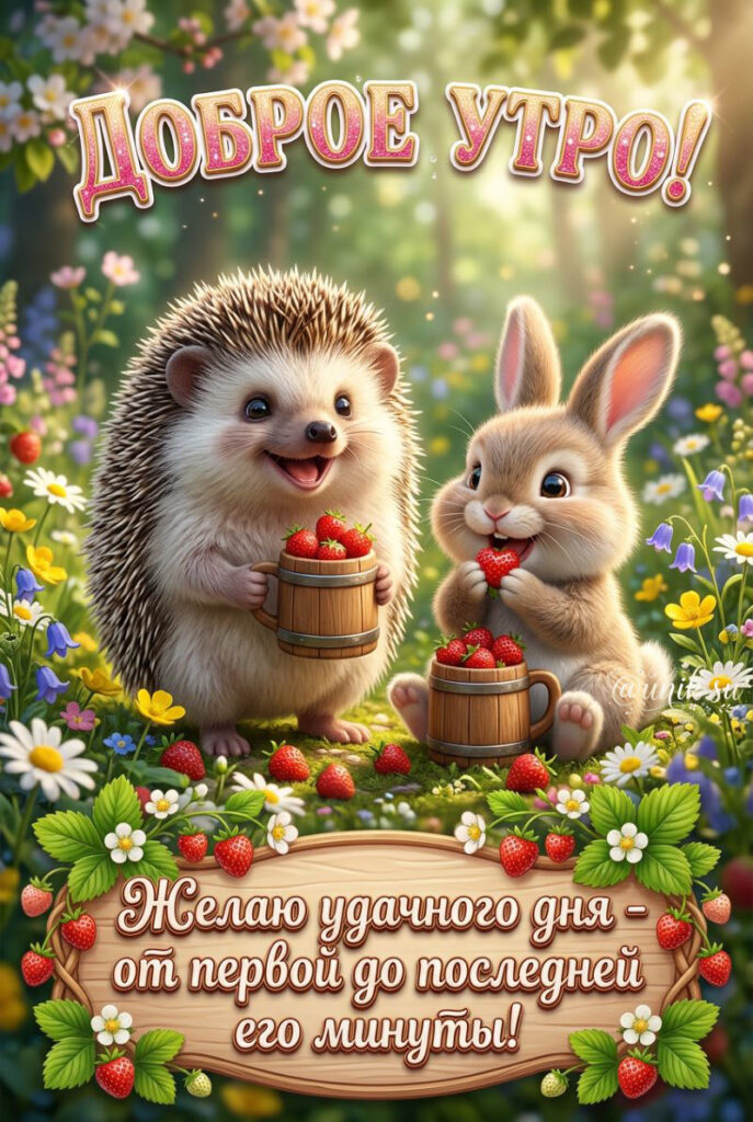 Открытка Доброе утро с ежиком, зайчиком и клубникой на летней поляне.