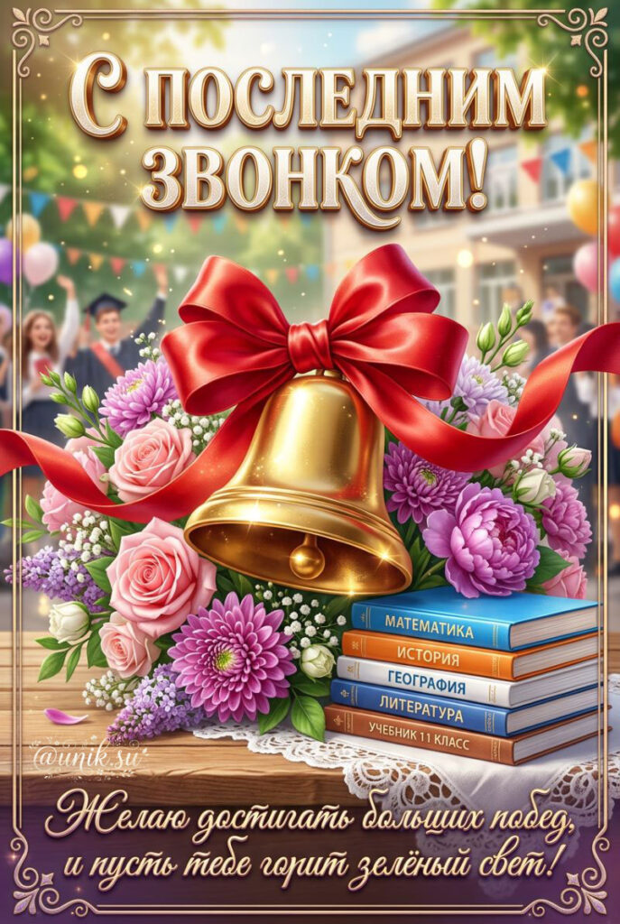 Открытка с последним звонком - золотой колокольчик с красным бантом, цветы и стопка учебников на фоне выпускников