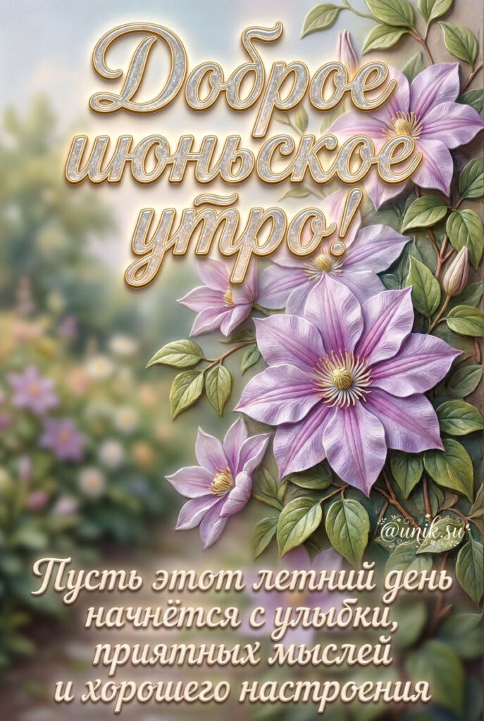 Открытка с добрым июньским утром с фиолетовыми цветами клематиса и пожеланием хорошего настроения