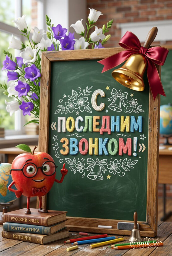 Открытка с последним звонком - школьная доска с надписью, яблоко в очках на учебниках и колокольчики