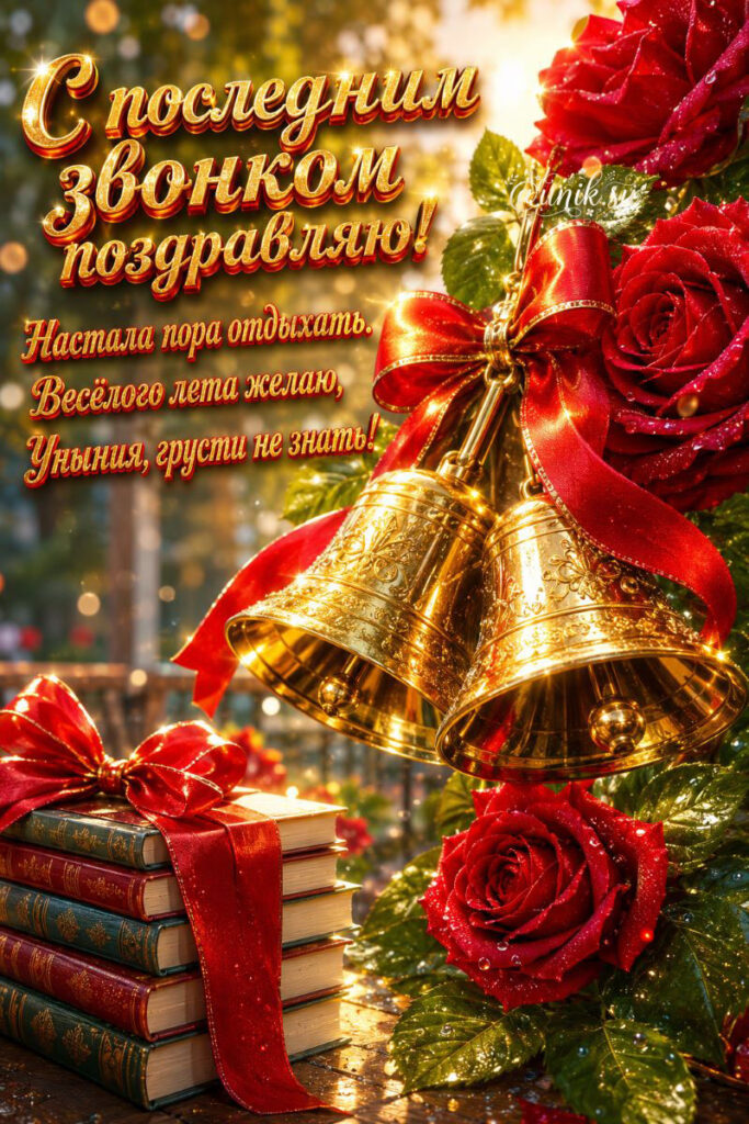 Открытка с последним звонком - золотые колокольчики с красными лентами, розы и стопка книг