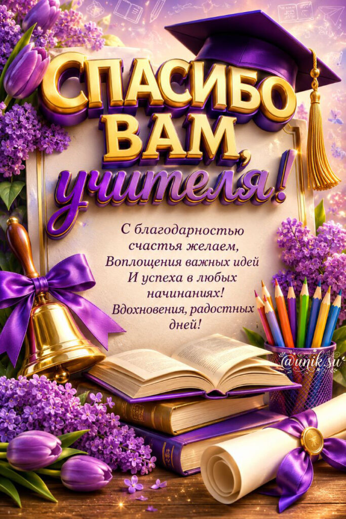 Открытка "Спасибо вам, учителя" - фиолетовая выпускная шапочка, золотой колокольчик, книги и букет сирени