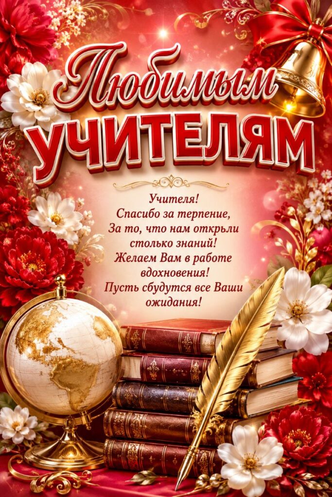 Открытка с благодарностью любимым учителям - золотой глобус, стопка книг, перо и колокольчик на фоне красных цветов