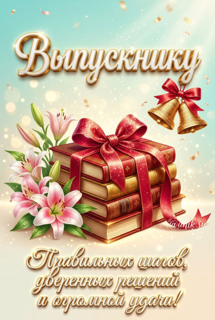 Открытка выпускнику - стопка книг с красным бантом, золотые колокольчики и лилии