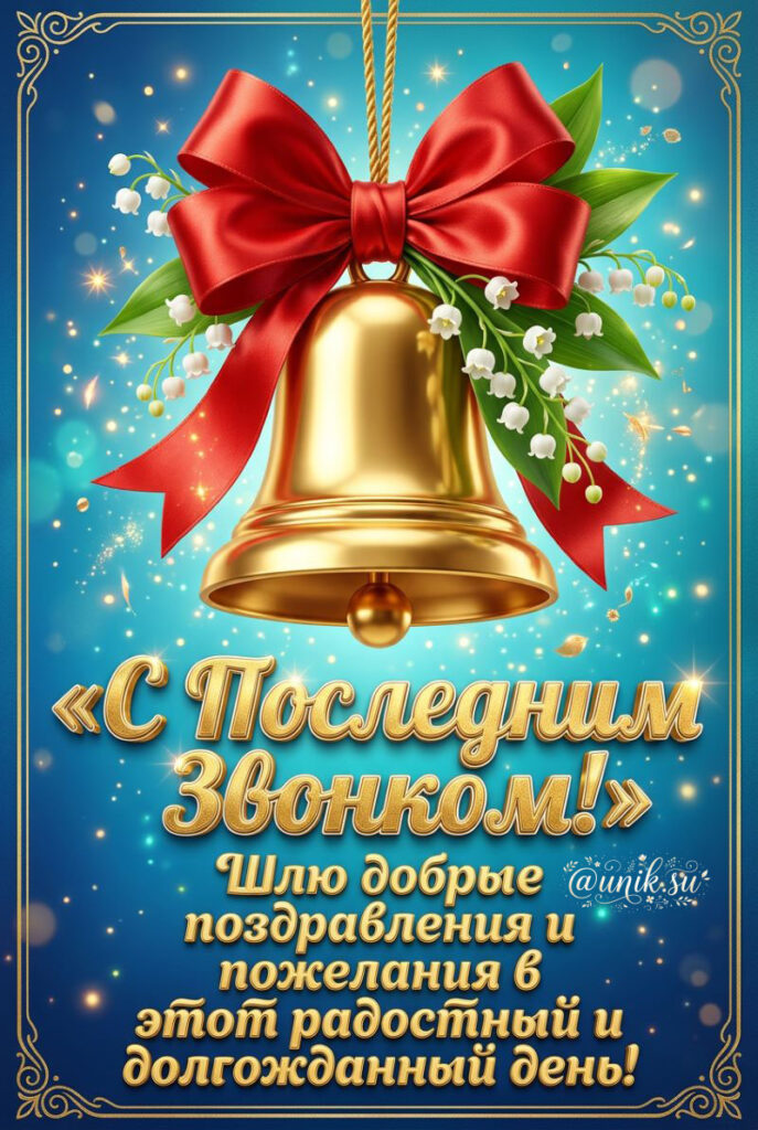Открытка с последним звонком - золотой колокольчик с красным бантом и ландышами на синем фоне