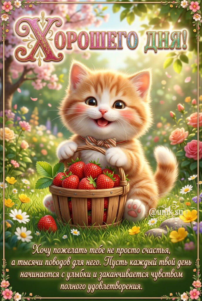 Рыжий котенок с корзиной клубники в цветах, открытка «Хорошего дня».