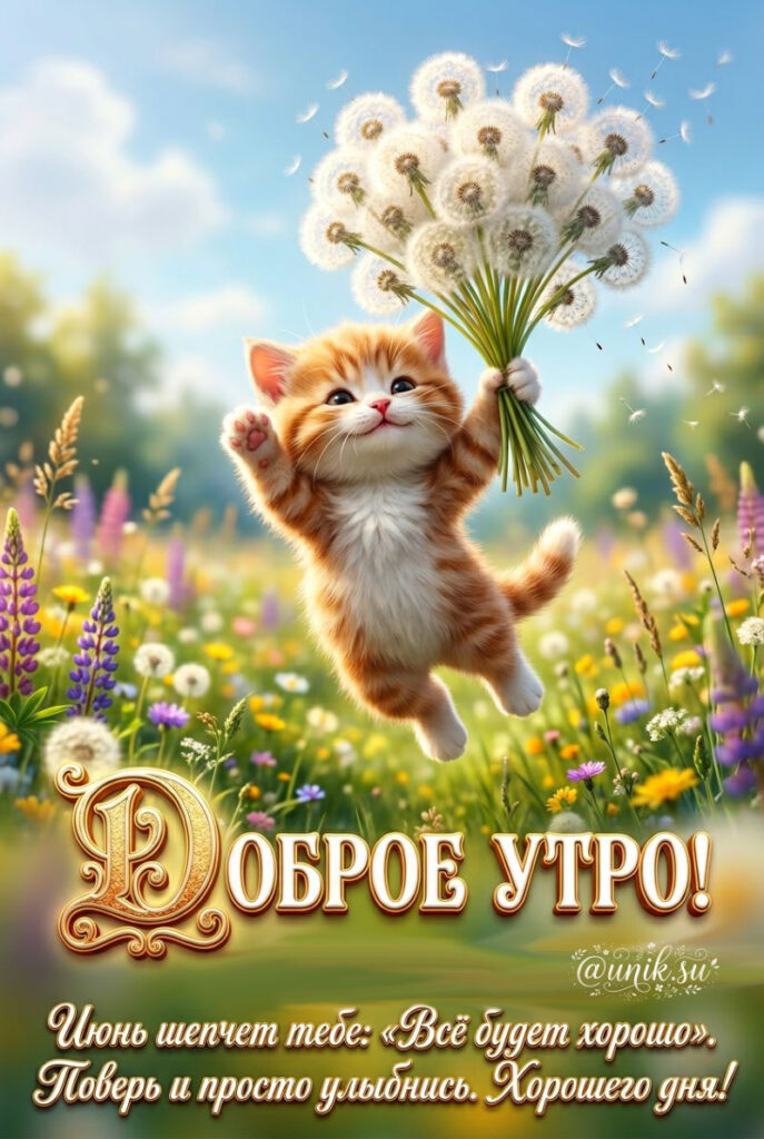 Милый рыжий котенок с букетом белых одуванчиков на фоне цветущего июньского луга с пожеланием доброго утра