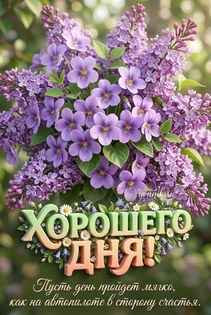 Фиолетовые цветы сирени и фиалки с пожеланием хорошего дня
