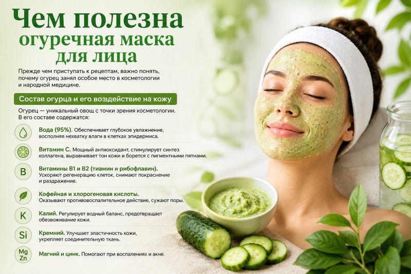 Девушка с огуречной маской на лице, чашей с маской и ломтиками огурца на фоне зелени