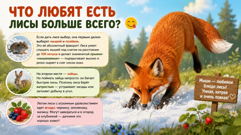 Лиса бежит по снегу в лесу. Иллюстрация для статьи о том, что любят есть лисы больше всего