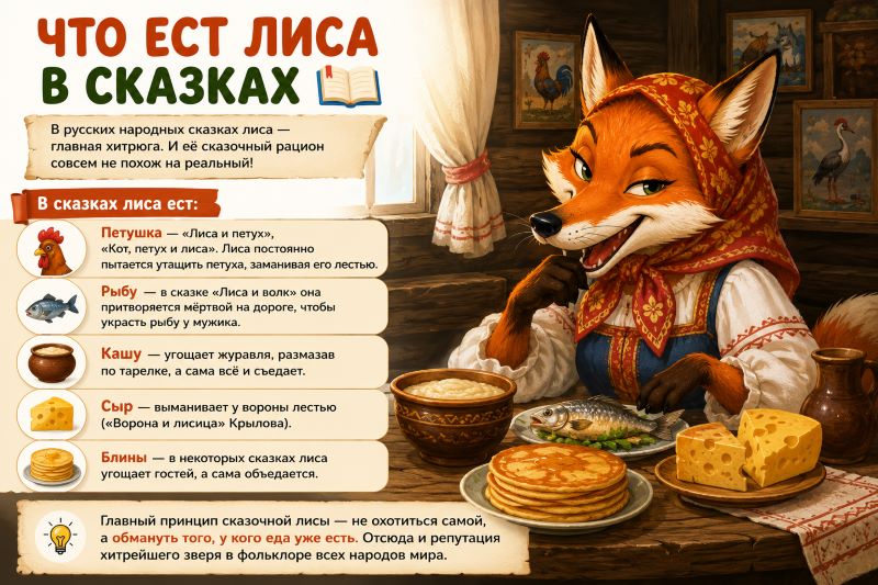 Лиса в платочке сидит за столом с едой. Иллюстрация для статьи о том, что ест лиса в сказках