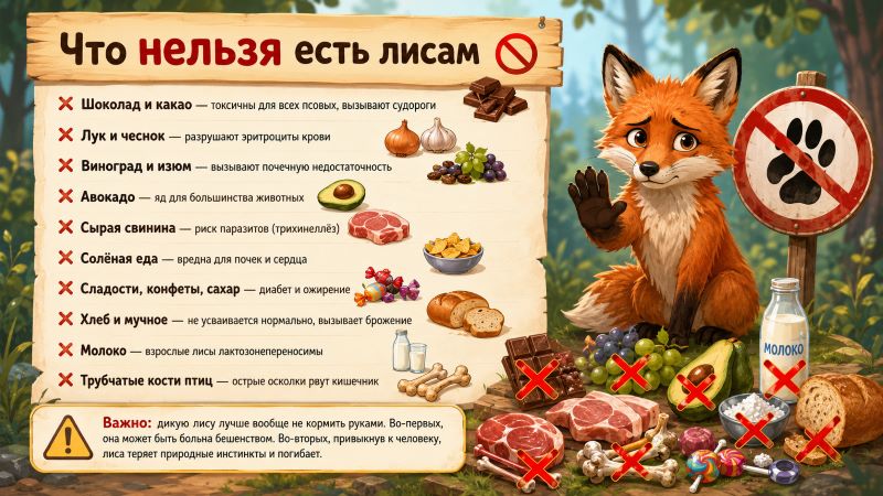 Лиса с предупреждающим жестом на фоне леса. Иллюстрация с перечнем запрещённых продуктов для лис: шоколад, лук, виноград, авокадо, сырое мясо, соль, сладости, молоко
