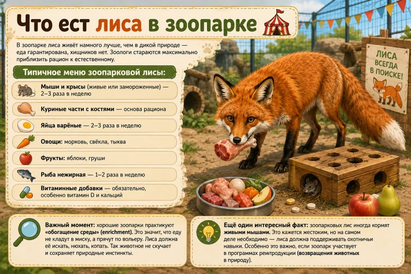 Лиса стоит в вольере зоопарка рядом с миской еды. Иллюстрация для статьи о рационе лис в зоопарке