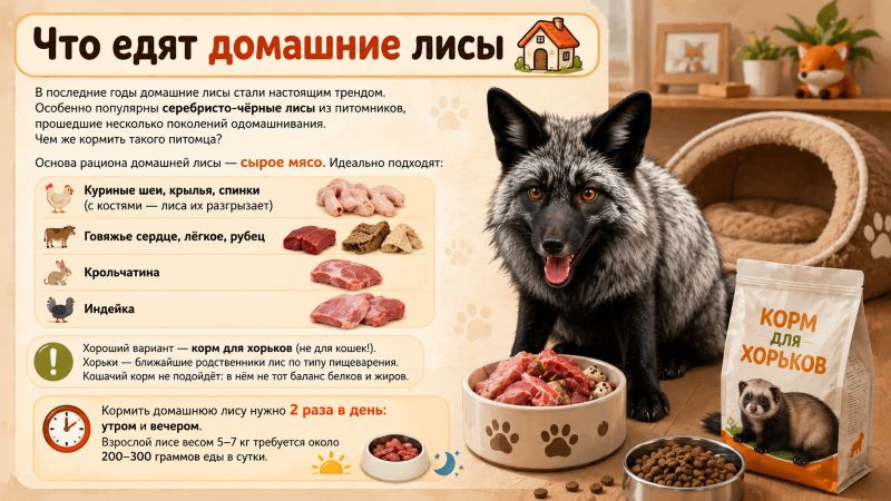 Домашняя лиса сидит рядом с миской мяса и пакетом корма. Иллюстрация для статьи о рационе домашних лис