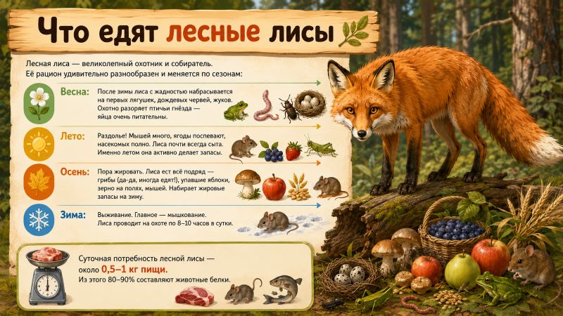 Рыжая лиса стоит в лесу рядом с продуктами питания. Иллюстрация для статьи о сезонном рационе лесных лис
