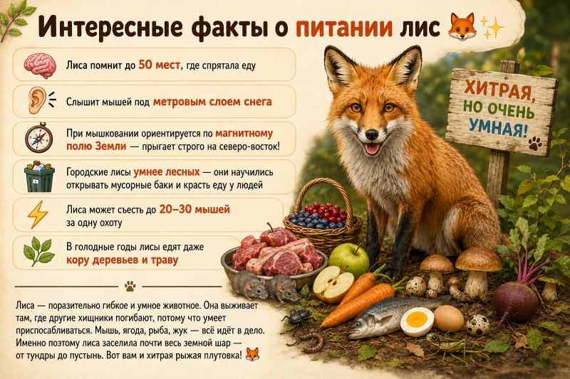 Рыжая лиса сидит рядом с продуктами питания: мясо, рыба, яйца, грибы, ягоды, овощи. Иллюстрация для статьи об интересных фактах о питании лис
