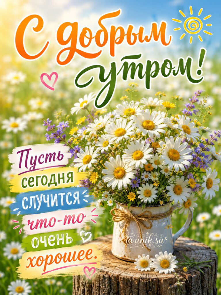 С добрым утром! Пусть сегодня случится что-то очень хорошее - букет ромашек в кувшине на фоне солнечного поля
