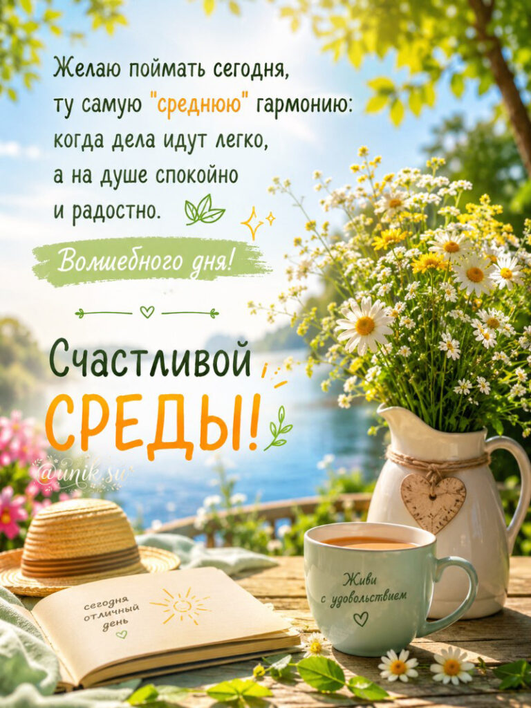 Доброго Дня Среды и Хорошего Настроения яркая открытка на фоне озера