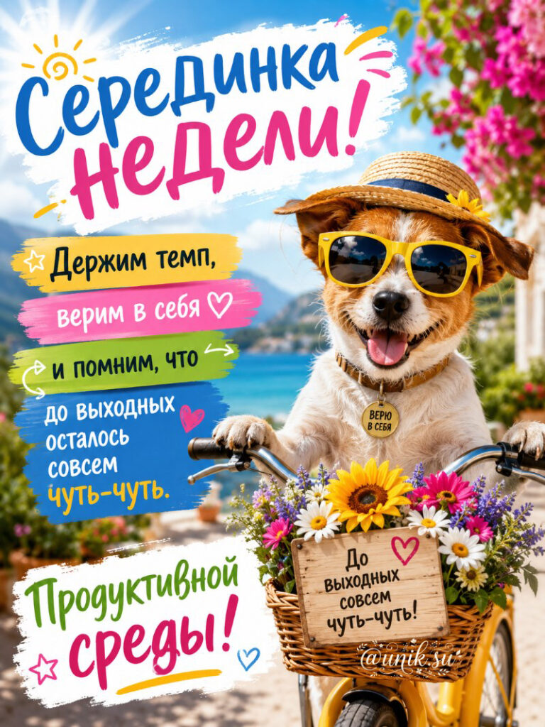 Открытка на среду: веселая собака в шляпе и очках едет на велосипеде с корзиной цветов на фоне моря и неба.