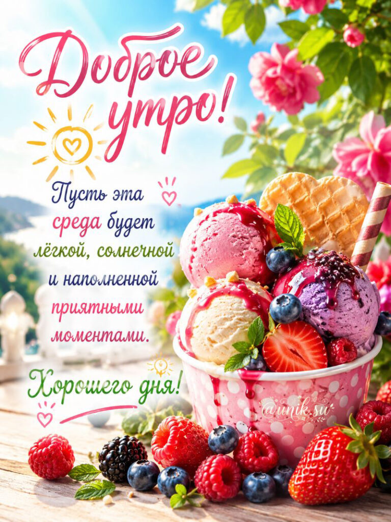 Открытка с пожеланиями доброго утра: стаканчик мороженого с ягодами, вафлями и сиропом на фоне цветов и пейзажа.