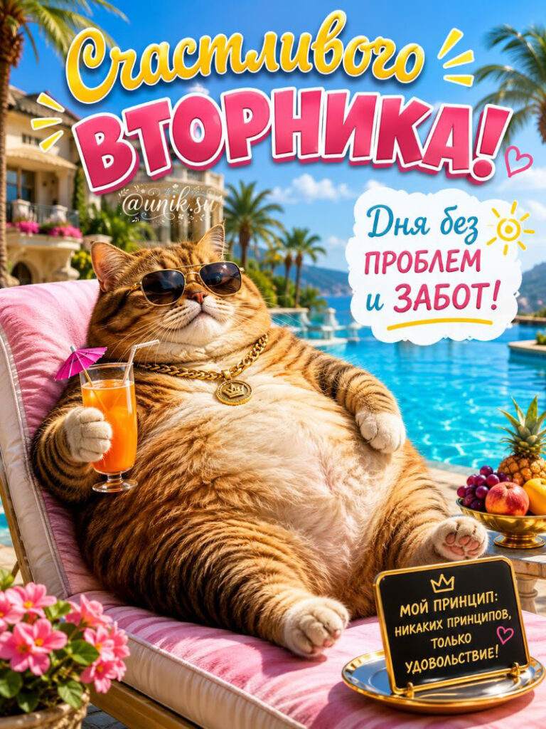 Счастливого вторника! Иллюстрация кота в очках и с коктейлем в бассейне, символизирующая расслабление и позитив