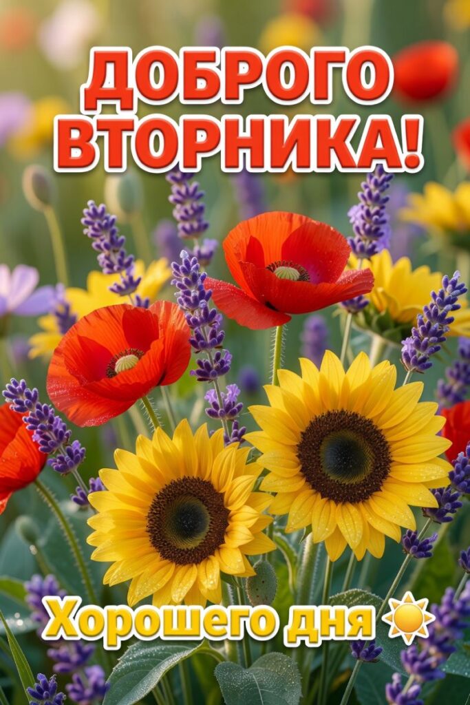 Доброго вторника! Иллюстрация с подсолнухами, маками и лавандой на фоне зеленого луга