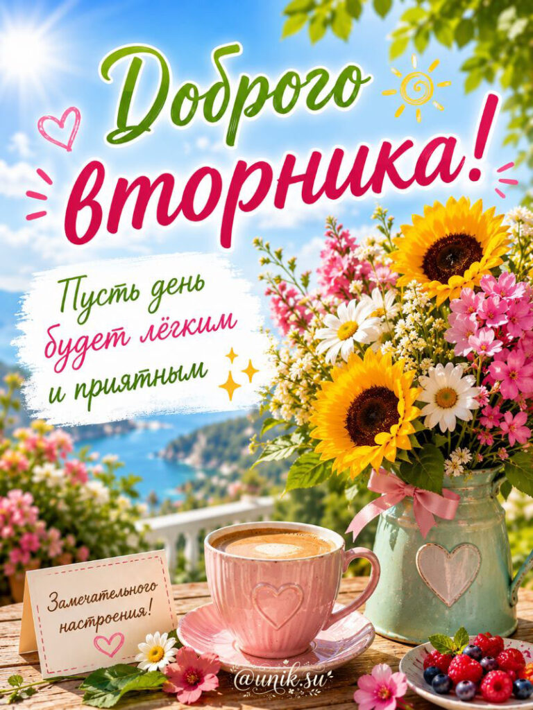 Доброго вторника! Иллюстрация с букетом цветов, чашкой кофе и видом на море