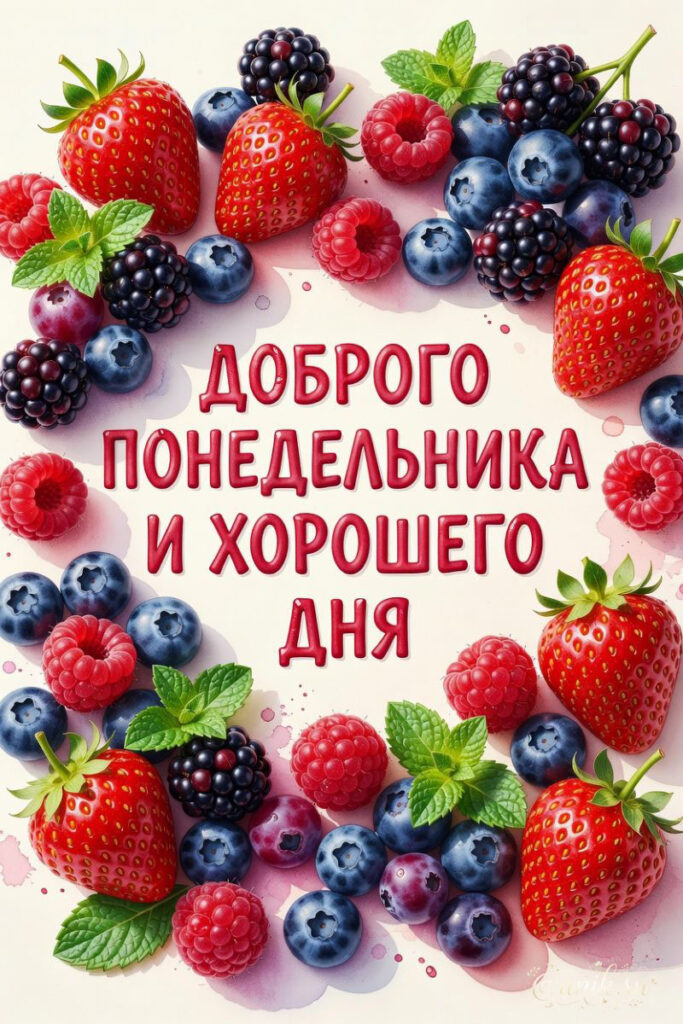 Открытка 'Доброго понедельника и хорошего дня' с изображением ягод: клубники, малины, черники и ежевики на светлом фоне