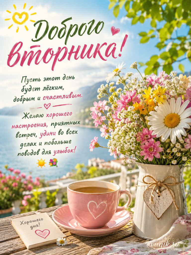Доброго вторника! Иллюстрация с букетом полевых цветов, чашкой кофе и видом на море и горы