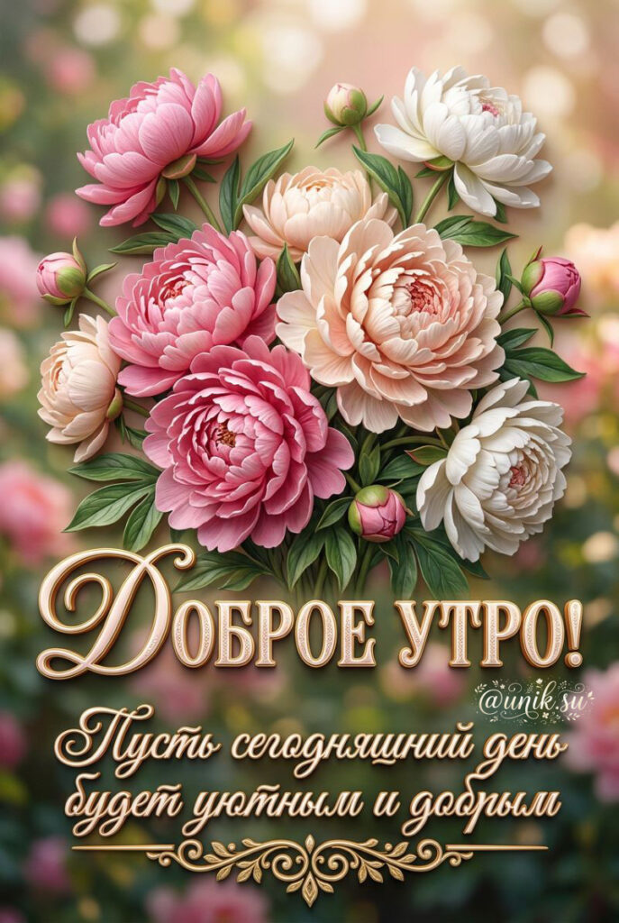 Букет розовых и белых пионов с текстом "Доброе утро! Пусть сегодняшний день будет уютным и добрым"