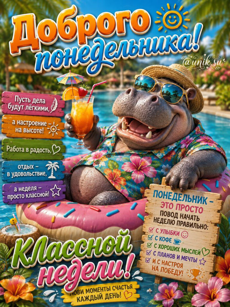 Открытка 'Доброго понедельника! Классной недели!' с изображением бегемота в гавайской рубашке, плывущего на надувном пончике в бассейне. Текст: пожелания легких дел, хорошего настроения, радости в работе и отдыхе