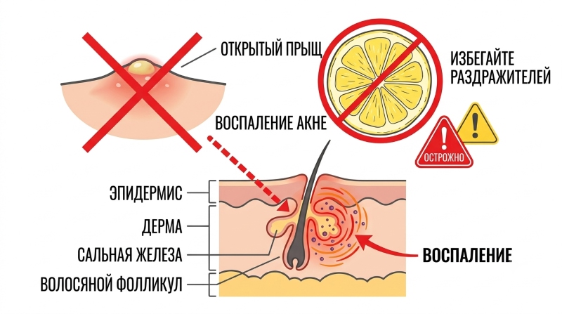 Схема предупреждения использования лимона на коже: воспаление, раздражение, акне и повреждение эпидермиса