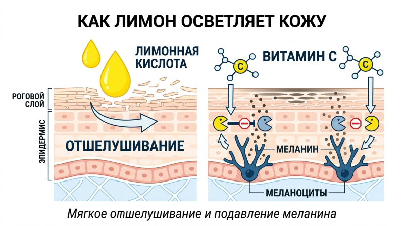 Схема действия лимона на кожу: лимонная кислота отшелушивает, а витамин С подавляет меланин