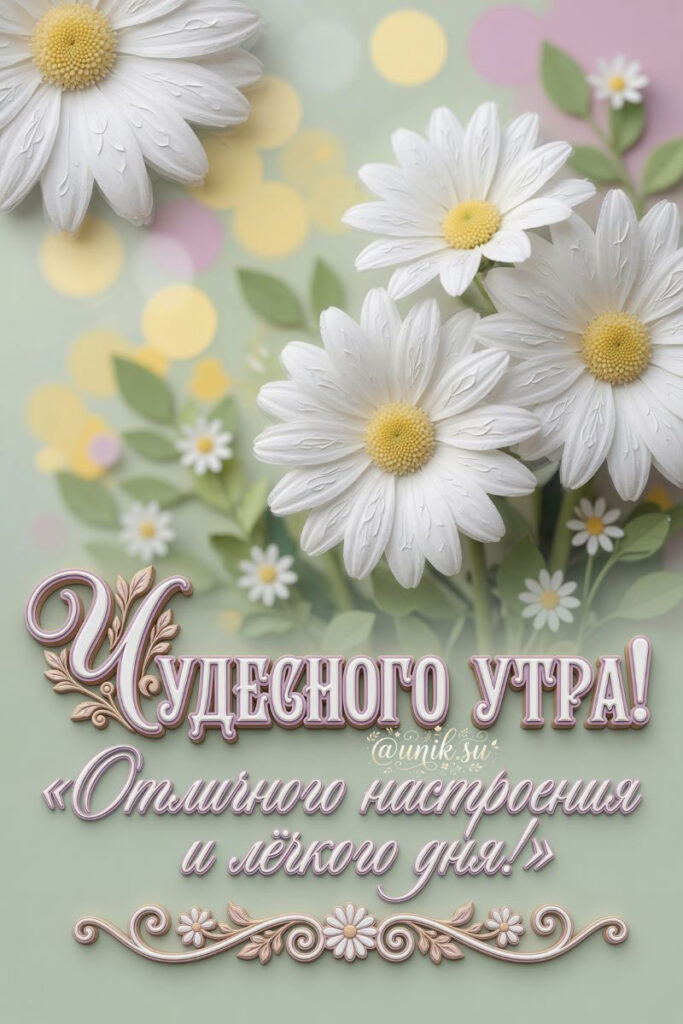 Открытка с белыми ромашками и пожеланием чудесного утра и отличного настроения