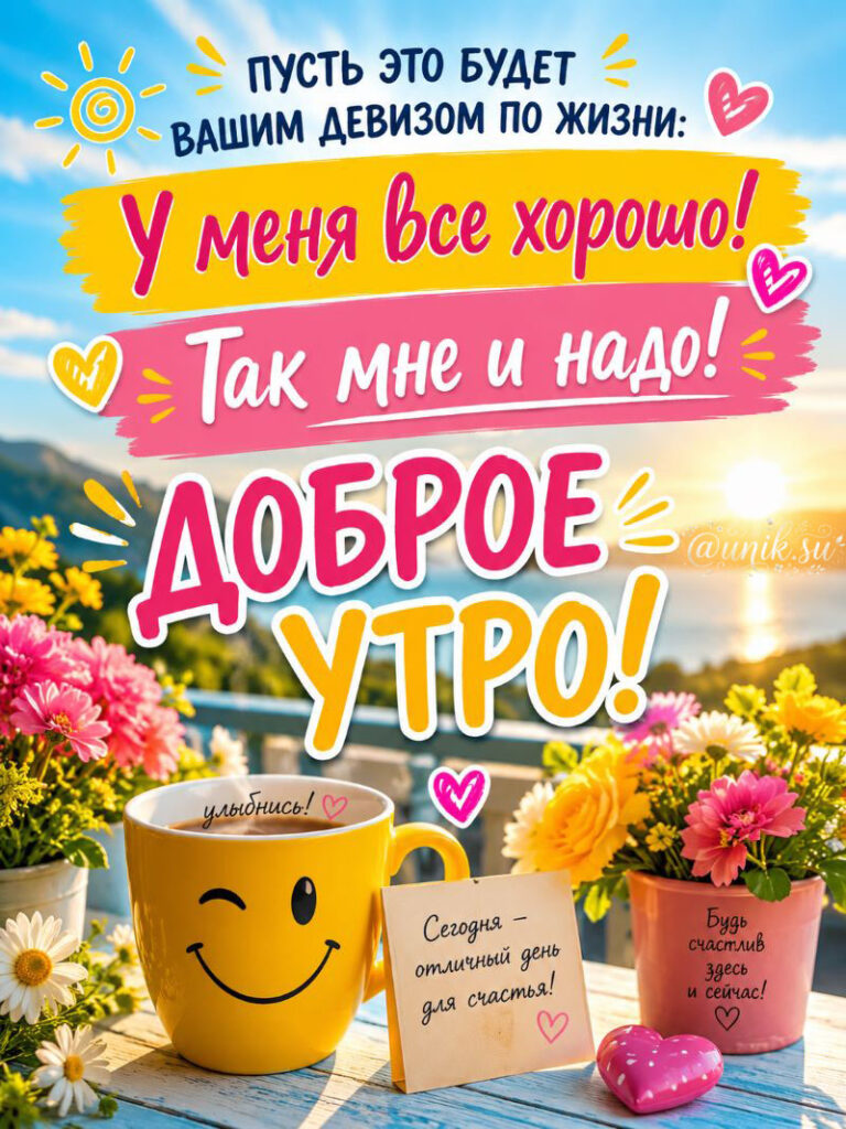 Доброе утро! У меня все хорошо! Так мне и надо! Яркая картинка с улыбкой, чашкой кофе, цветами и позитивными надписями на фоне утреннего пейзажа.