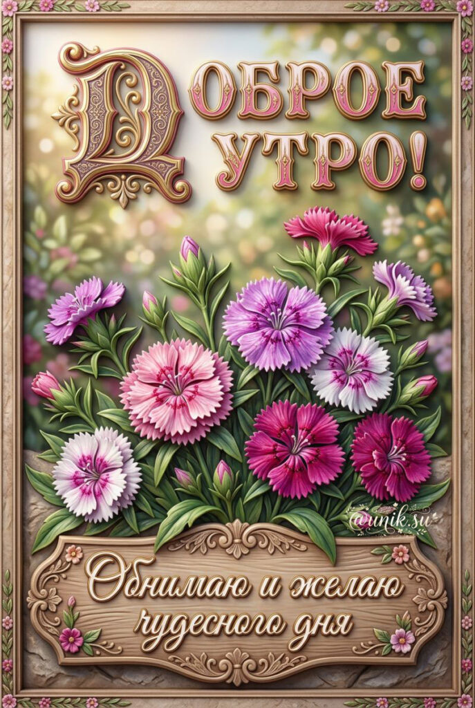 Открытка "Доброе утро!" с букетом разноцветных гвоздик в декоративной рамке и надписью "Обнимаю и желаю чудесного дня"