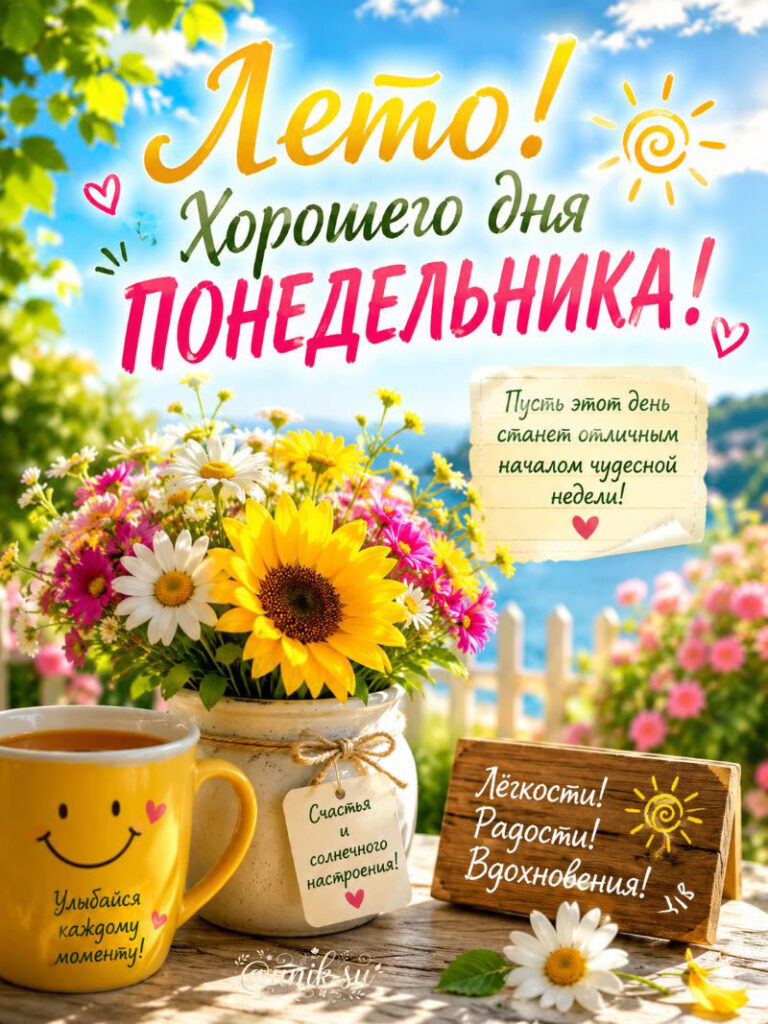 Открытка 'Лето! Хорошего дня, понедельника!' с букетом полевых цветов, чашкой кофе и деревянными табличками с пожеланиями. Текст: 'Пусть этот день станет отличным началом чудесной недели!'