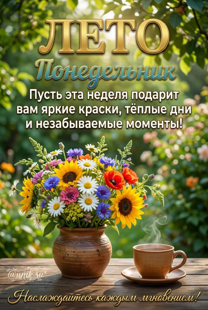 Открытка 'Лето. Понедельник' с букетом полевых цветов в глиняном кувшине и чашкой чая на деревянном столе. Текст: 'Пусть эта неделя подарит вам яркие краски, тёплые дни и незабываемые моменты!'