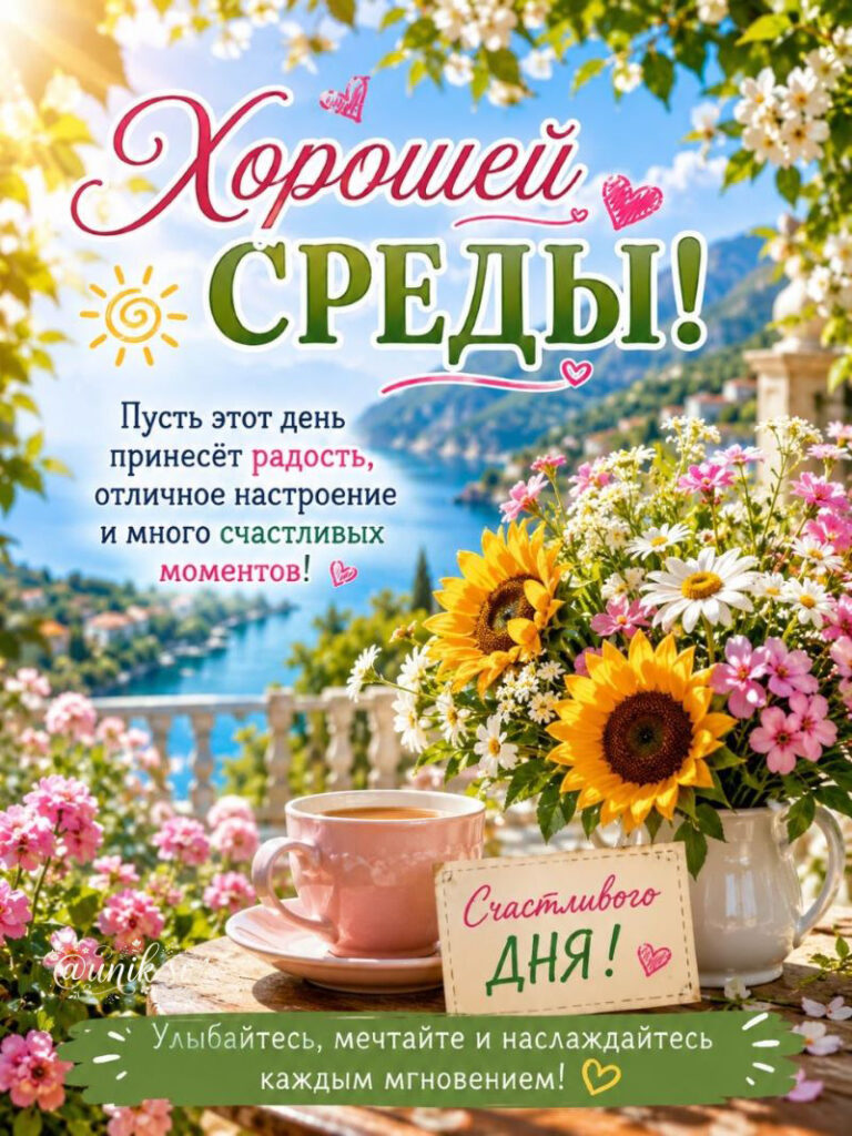 Открытка на среду: чашка кофе, букет полевых цветов и подсолнухов на фоне моря и гор с пожеланиями хорошего дня.