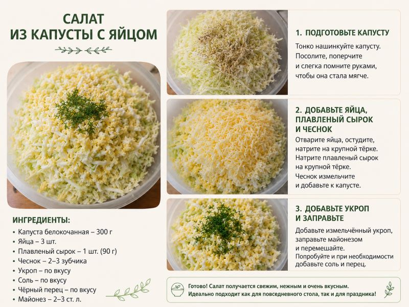 Пошаговый рецепт салата из капусты с яйцом, плавленным сырком и укропом, с фотографиями этапов приготовления