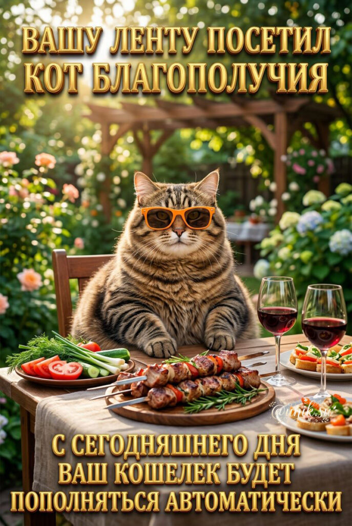 Кот в оранжевых очках сидит за столом на фоне сада с розами. На столе шашлыки, овощи, вино и закуски. Надписи: "Вашу ленту посетил кот благополучия. С сегодняшнего дня ваш кошелёк будет пополняться автоматически."