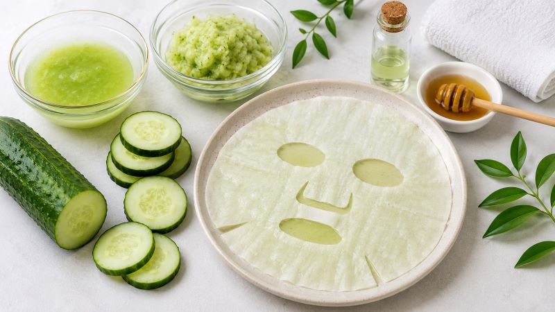 Ингредиенты для огуречной маски: ломтики огурца, чаши с соком и кашицей, тканевая маска, мед, масло и полотенце