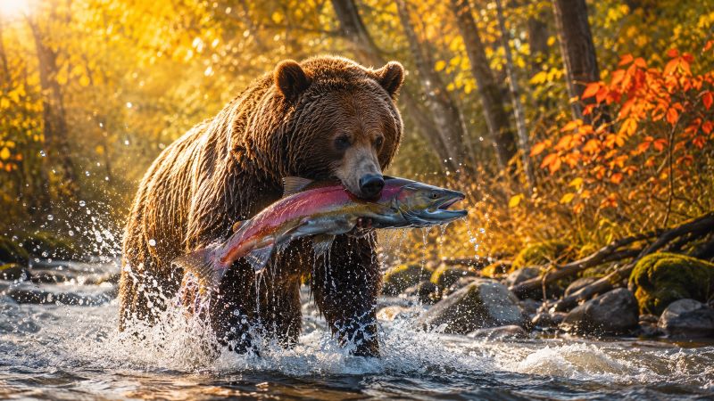 Бурый медведь ловит рыбу в реке осенью