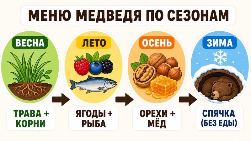 Меню медведя по сезонам: весна, лето, осень, зима