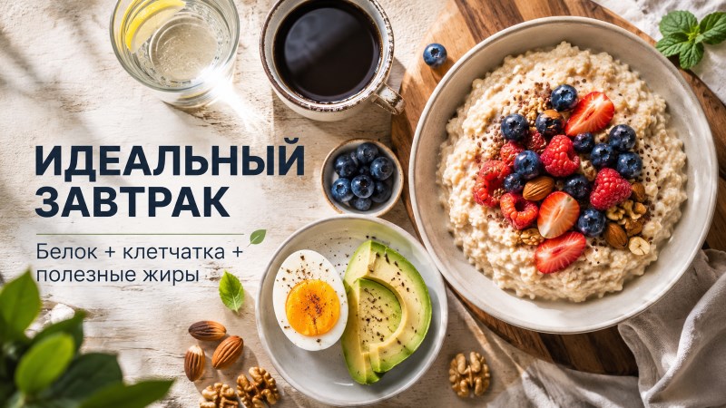 Идеальный сбалансированный завтрак: овсянка с ягодами, яйцо, авокадо и орехи.