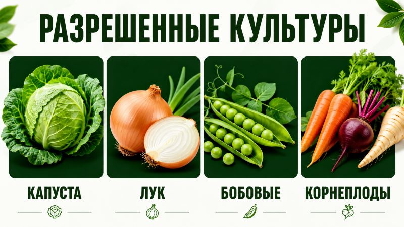 Инфографика с разрешенными культурами для посадки после картофеля: капуста, лук, бобовые, корнеплоды