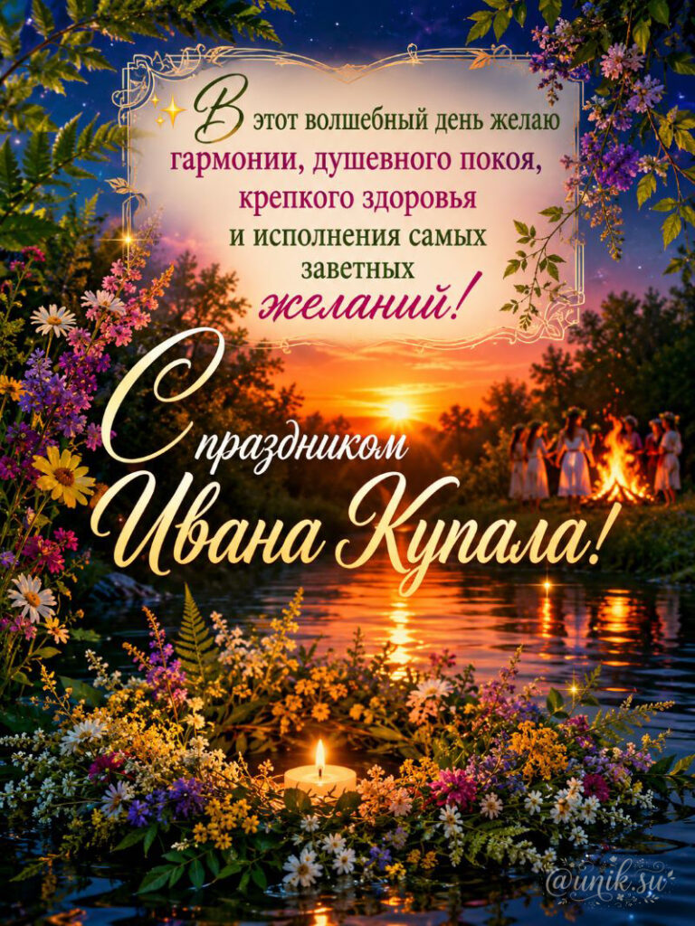 Иллюстрация к празднованию Ивана Купалы: закат над рекой, цветущие травы, люди у костра, свеча на переднем плане и поздравление с праздником на русском языке