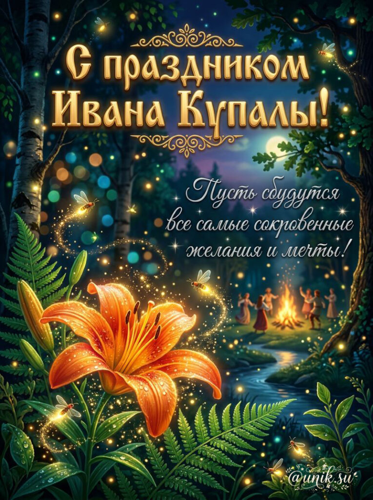 Празднование Ивана Купалы в ночном лесу: люди танцуют у костра, светлячки летают вокруг, яркая оранжевая лилия на переднем плане и поздравление с праздником на русском языке.