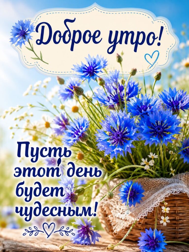 Позитивная открытка с синими васильками, добрым утром и пожеланием чудесного дня.