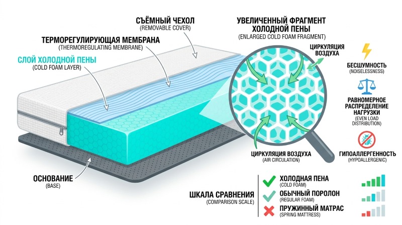 Схема структуры матраса из холодной пены в разрезе с увеличенным фрагментом ячеистой структуры и шкалой сравнения с обычным поролоном и пружинным матрасом